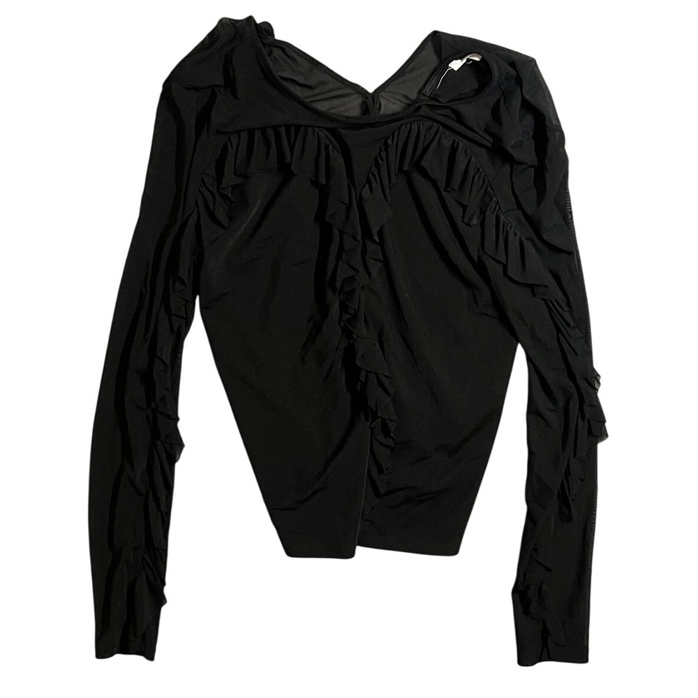 P-M-A-K Black Ruffle Mesh Long Sleeve Top V-Neck Women's Size Small
